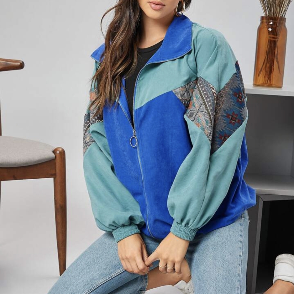 SheIn Geo Chevron Panel Zipper Placket Jacket - Picture 3 of 9